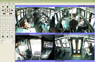 This image shows output of QuickWave software, which illustrates video footage of LATV interior using a 4-camera view setup. The camera views shown include: the front of the LATV, the rear of the LATV, the front door, and the rear door. 